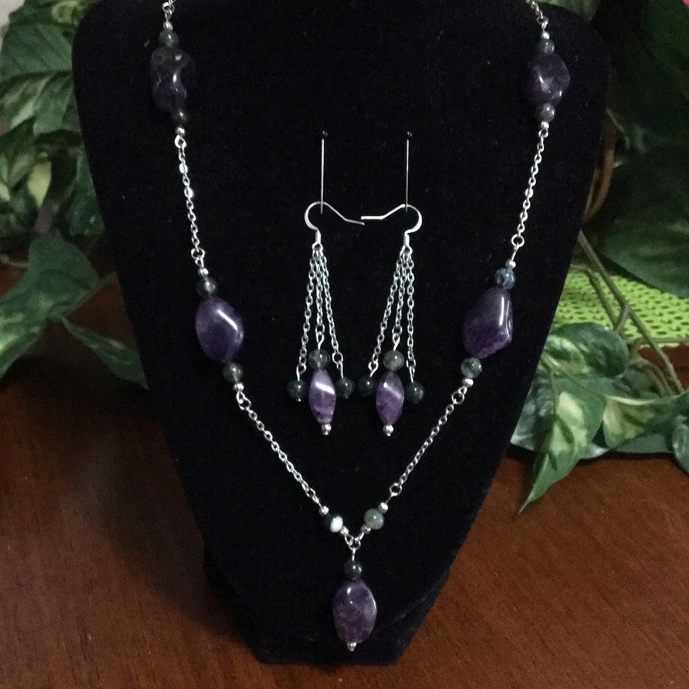 Amethyst & Moss Agate Necklace & Earrings
